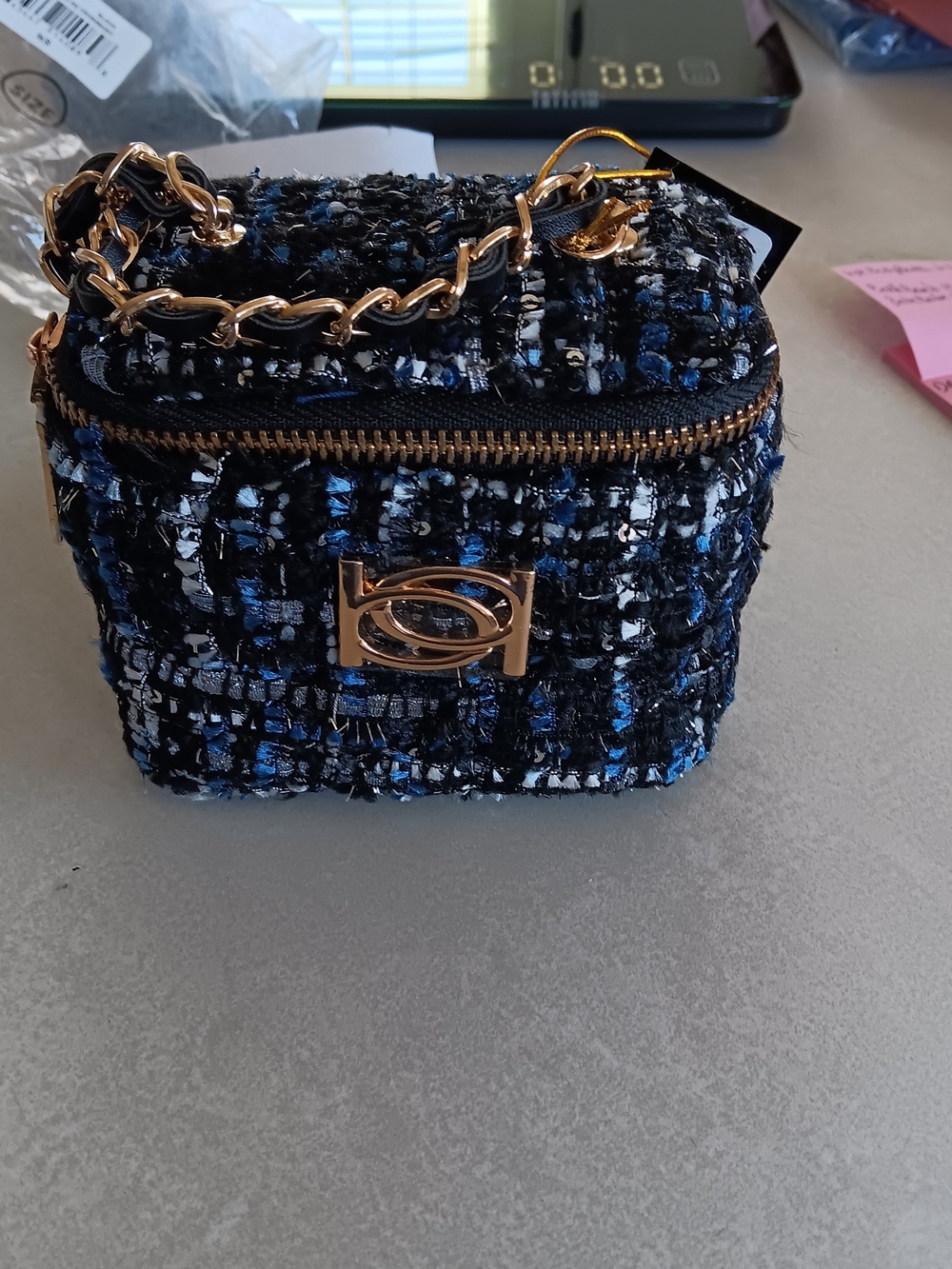 Bebe Tweed Box Crossbody Bag in Black & Blue with Gold Hardware